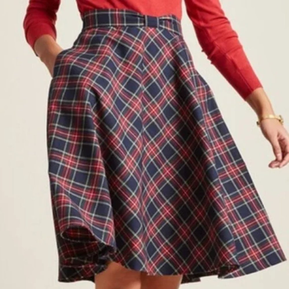 Plaid Tartan Midi Fully Lined Swingy Skirt with Bow Waist & Pockets